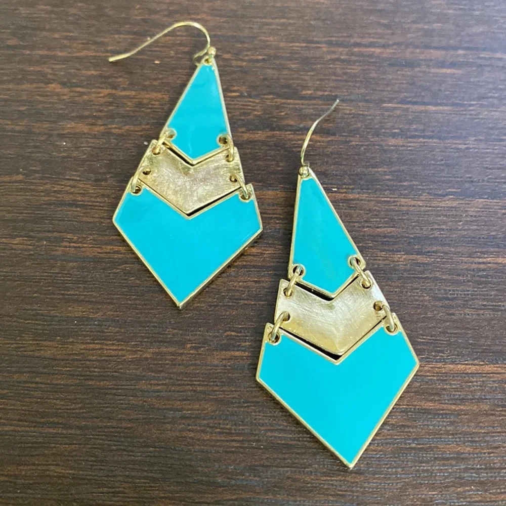 Turquoise and Gold Chevron Dangle Earrings - Picture 3 of 4